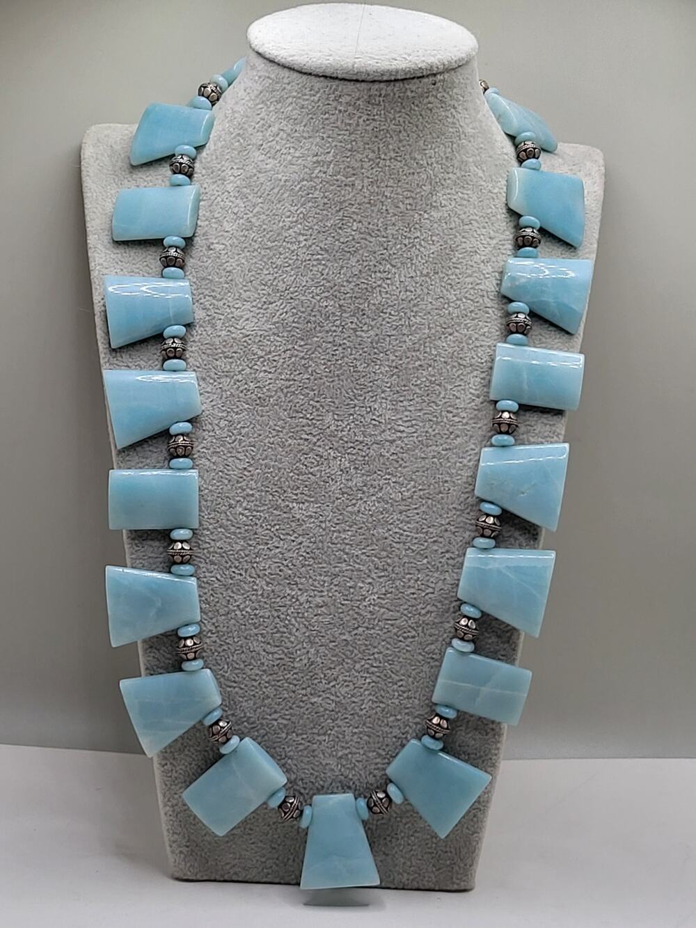 Amazonite Statement Necklace Silver Tone Beads Toggle Clasp 23 inch Artisan